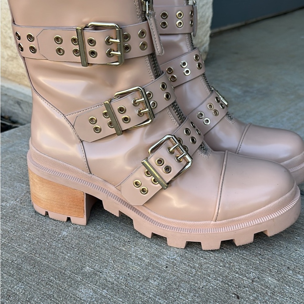 Women's Beige Buckle Ankle Boots